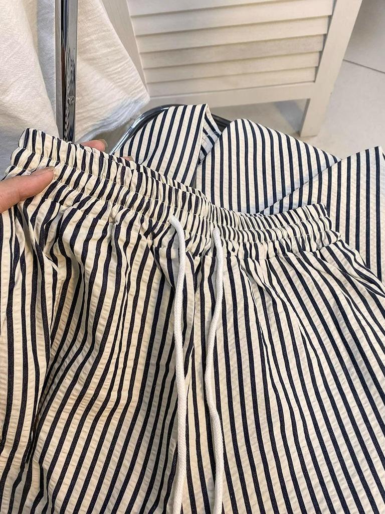 Women's Summer Striped Tie-Waist Wide-Leg Pants - Petite Fit, 145cm, Casual Lazy Style