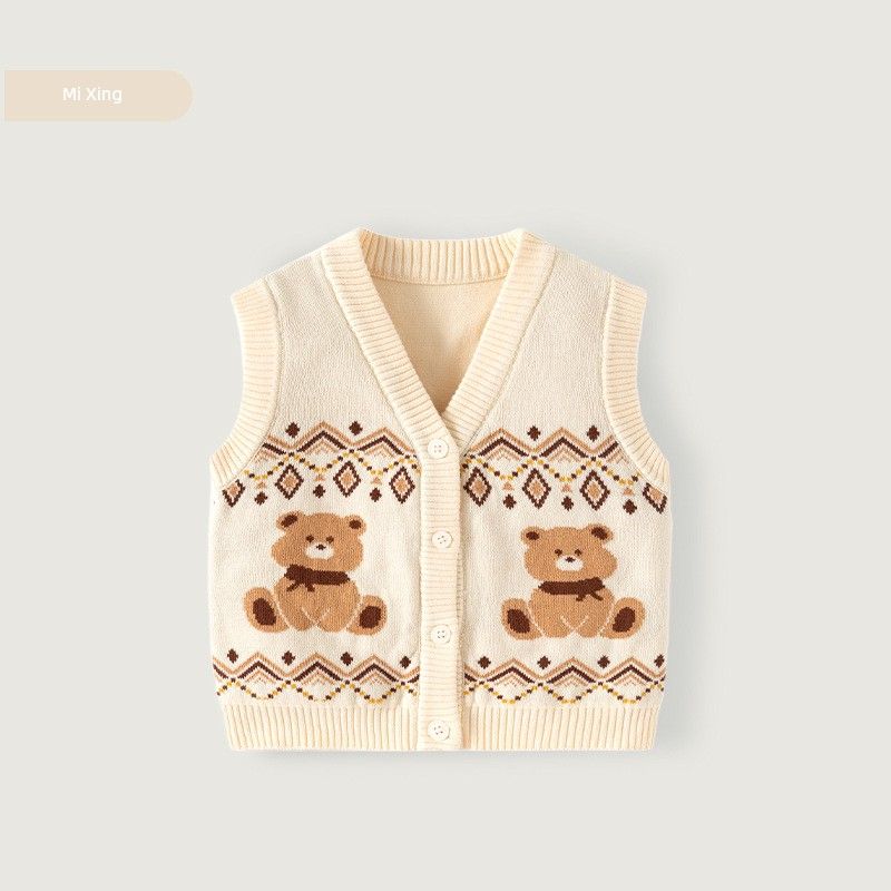 Little Bear Pure Cotton Boys  Vest Girls  Vest Autumn and Winter Children s Sleeveless Cardigan Sweater Baby Knit Vest Beige Color-Pb653 120