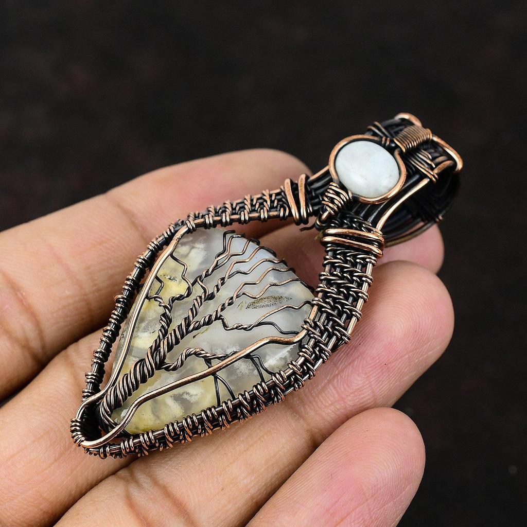 Lebensbaum Feder Achat Edelstein Anhänger Kupferdraht gewickelter Anhänger Handgefertigter Anhänger Regenbogenmondstein Anhänger Geschenk für Mutter Brautgeschenk