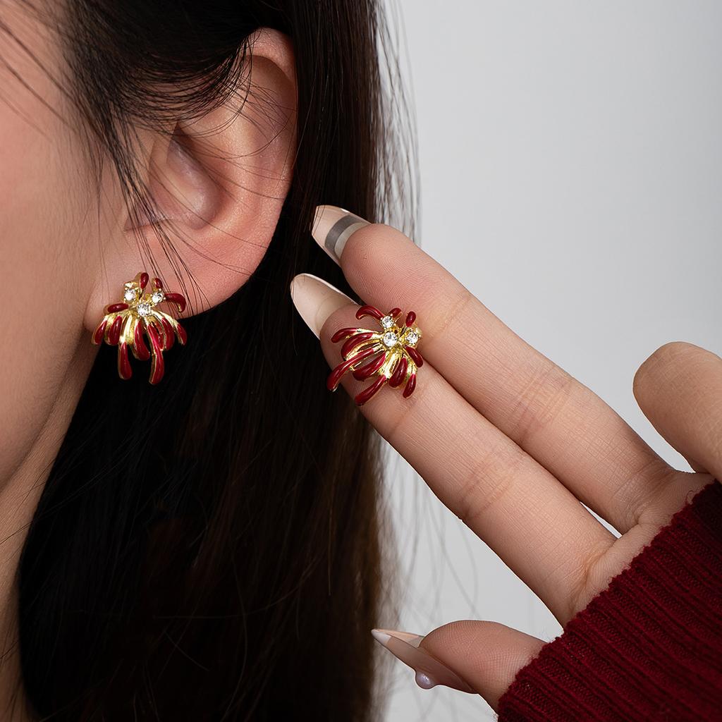 New Year'S Red Bright Fireworks Earrings Women'S Niche Light Luxury High-End Stud Earrings Exquisite Gentle And Sweet Earrings