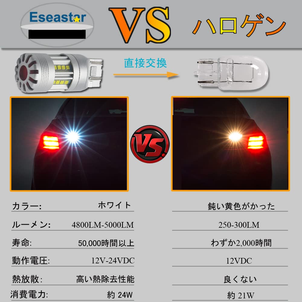 Eseastar T20 LED Double Explosive White 7443 W21/5W Bulb DC12V-24V Daylight Back Lamp Position