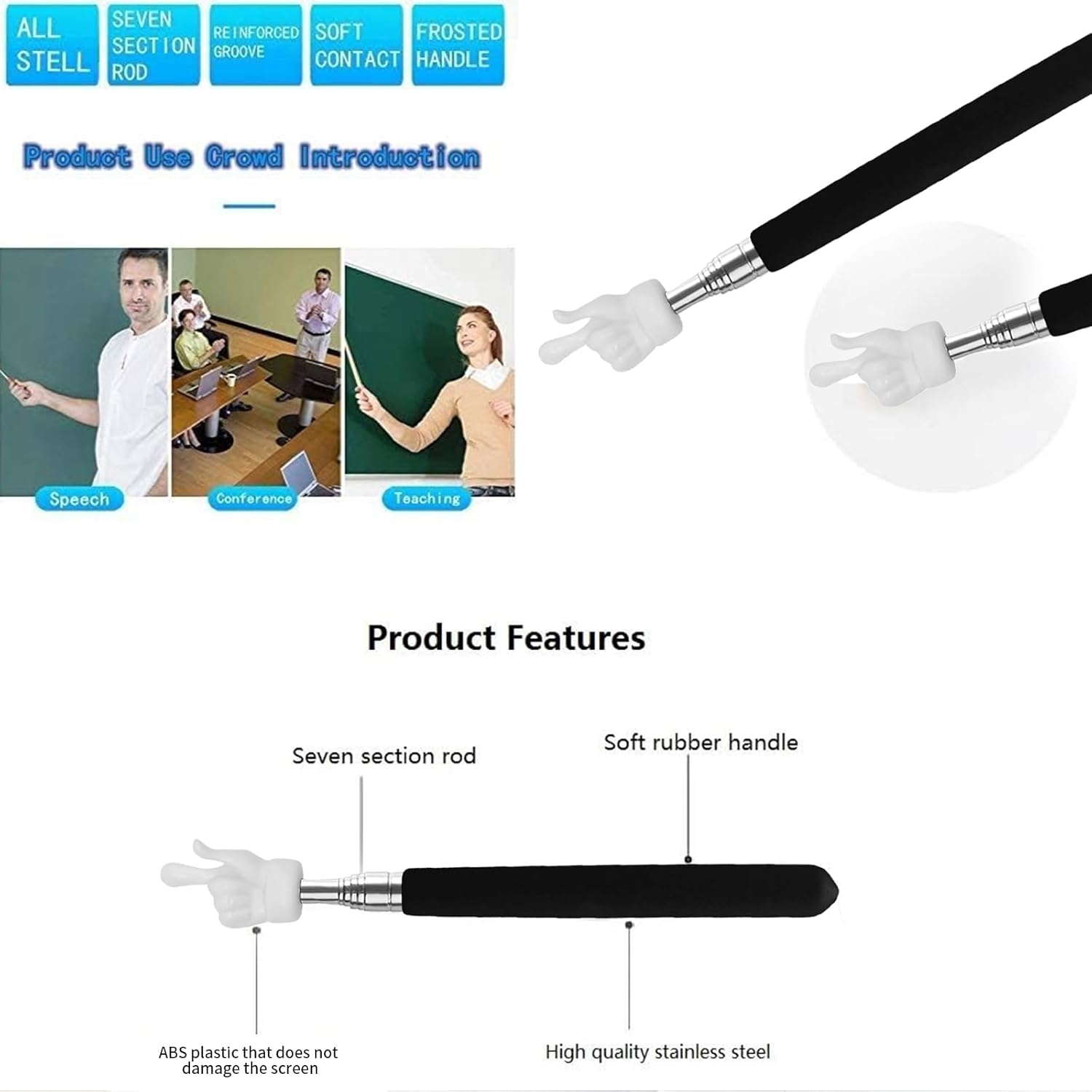 2Pcs Telescopic Teachers Pointer, Extendable Hand Pointer Finger Pointer Stick, Mini Retractable Classroom Pointer for Elementary School Kindergarten
