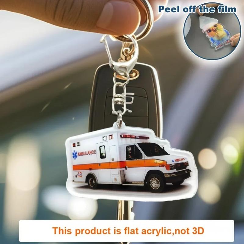 Ambulance Pendant Keychain,Vehicle Theme 2D Flat Acrylic Ornament Charm,Hanging Decoration for Car,Bags,Festive,Home,Party,Gift