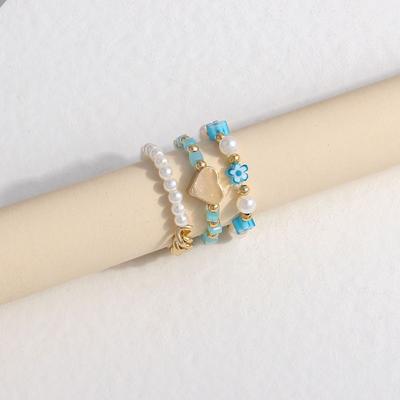 Cute Elastic Bohemia Love Heart Flower Pearl Women Ring Beaded Rings Finger Ring Set Party Jewelry