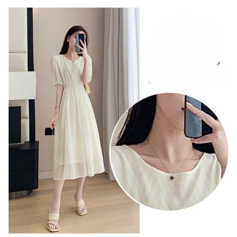 French Style Summer Dress for Petite Women Chiffon Slim Fit Round Neck Elegant Knee Length Flowy Dress