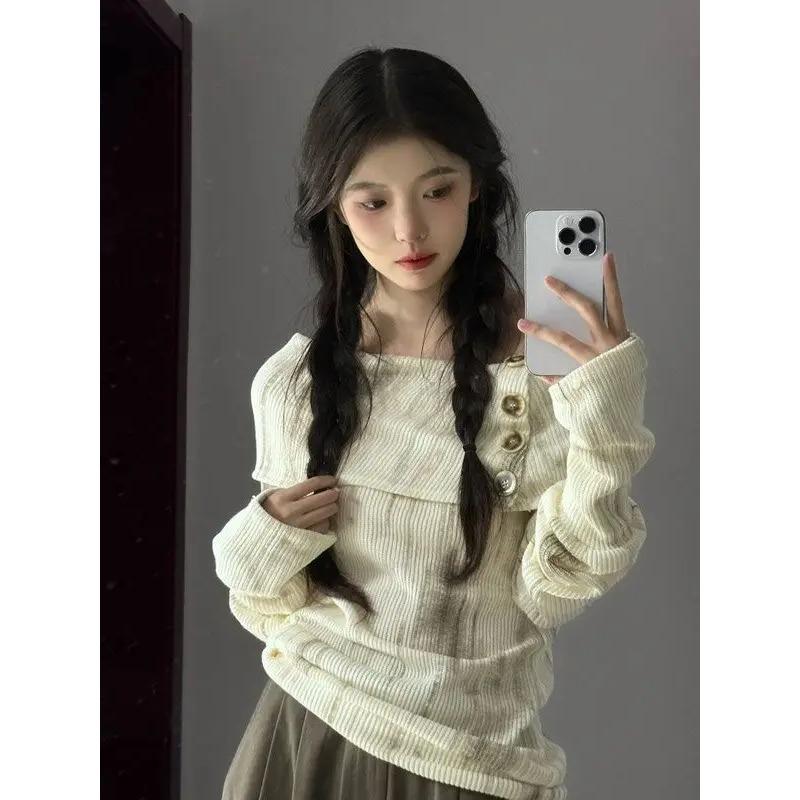 Deeptown Y2k Off Shoulder Women Sweatshirt Korean Style Long Sleeve Pullovers Harajuku Slash Neck Hoodie Slim Autumn Vintage