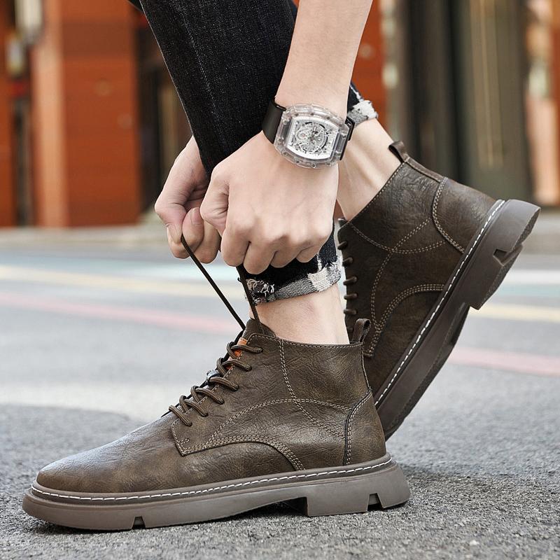 Fashion Winter Luxury Brand Brown Trend Boots Men Leather Thick Sole Leather Boots High Quality Motorcycle Boots Lace Up Business Boots