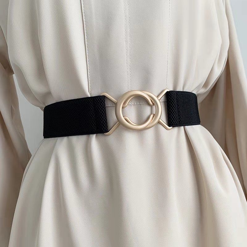 Elastic Black Chic Waist Belt For Women With Gold Round Buckle For Dresses Stylish