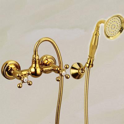 Luxus-Klassiker Gold Messing Badezimmer Badewanne Dusche Wasserhahn Mischbatterie Wandmontage Dual Griff Golden Badewanne Wasserhahn Set
