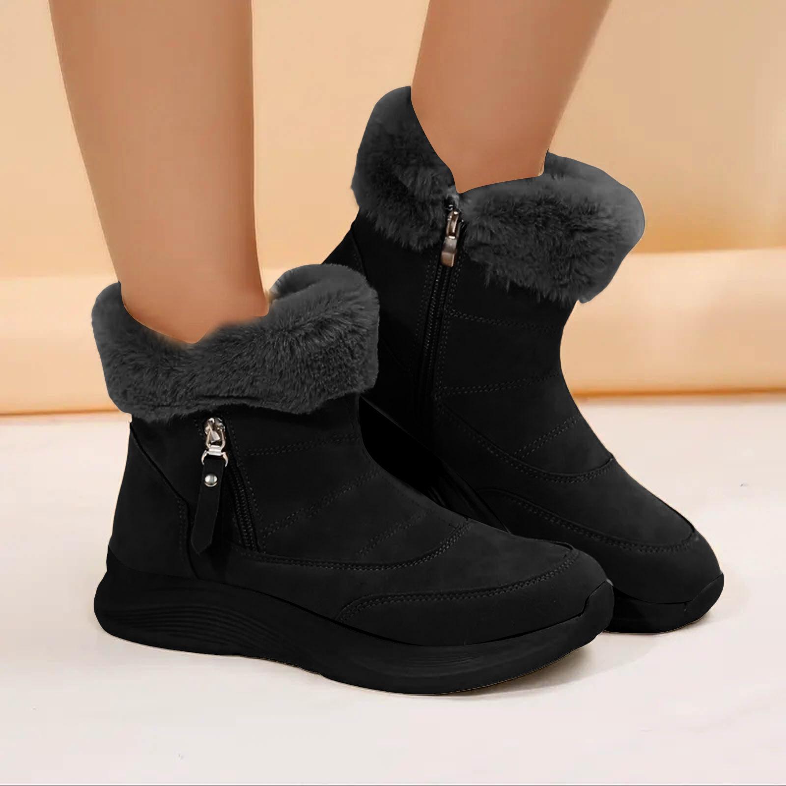 Fleece Lined Warm Women s Ankle Boots With Suede Cloth Thick Sole Side Zipper And Soft Sole. Womens Boots with Heel Lace up 36 чёрный