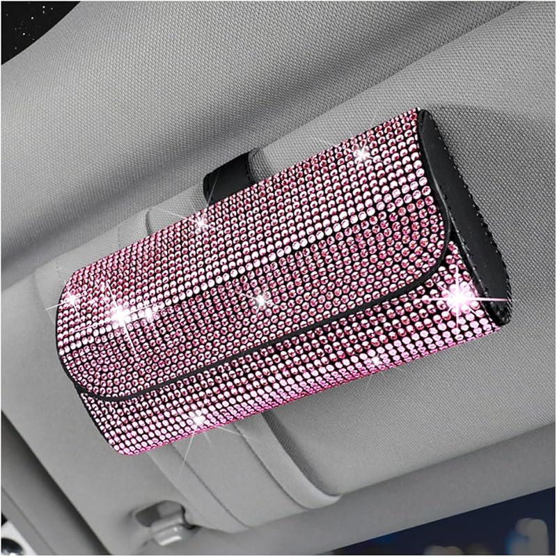 Bling Car Sunglass Holder For Sun Visor, Sparkling Crystal Leather Automotive Eyeglasses Mount Clip Organizer With Hidden Magnetic Closure For Men