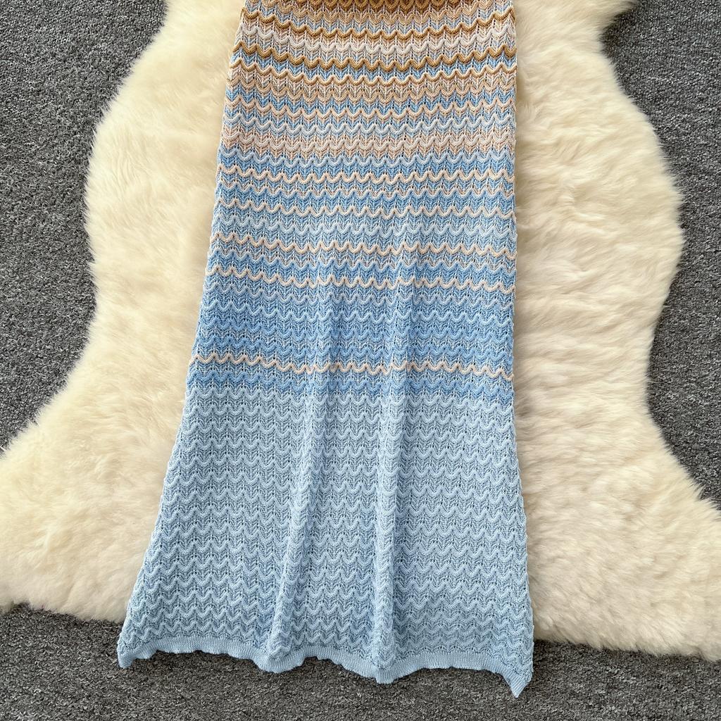 Summer Women Spaghetti Strap Striped Knitted Sweater Long Maxi Holiday Dresses