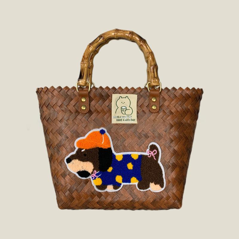 Retro Striped Dachshund Dog Woven Bag Trendy Cute Handbag Large Capacity Tote Bag  Bamboo Handle Vegetable Basket Bag