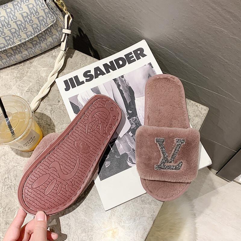 Large Size Fluffy Slippers Autumn and Winter New Home Flat Bottom Warm One-word Slippers Fashion Cotton Slippers