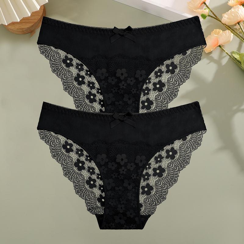 

2Pcs/Set Women s Lace Floral Bowknot Panties Sexy Low Waist Hollow Breathable Underpants Female Perspective Transparent Lingerie XL