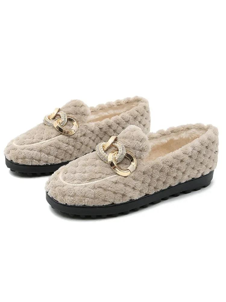 Fashion Women's Plush Flat Shoes Ladies Winter Slip on Furry Loafers Outdoor and Office Wear Fashion Chain Design Winter Warm Snow Boots