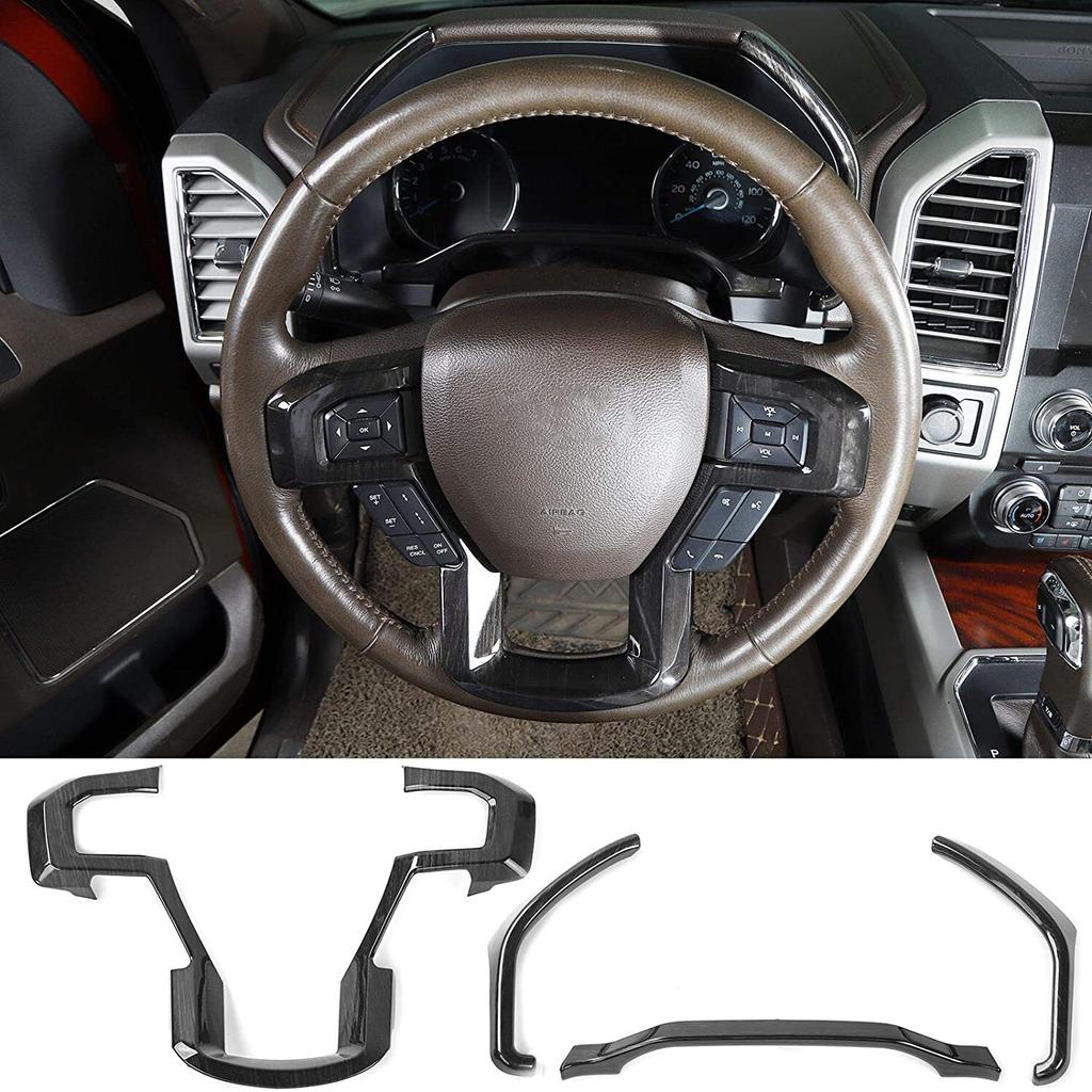 Steering Wheel Panel & Dashboard Cover Trim For Ford F150 2015+ Black Wood Grain