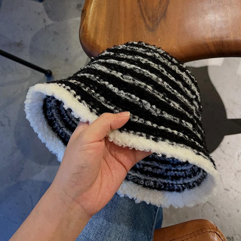 Autumn and Winter Ins Plush Velvet Bucket Hat Women's Color blocked Striped Basin Hat Japanese Versatile Autumn and Winter Dome Fisherman Hat