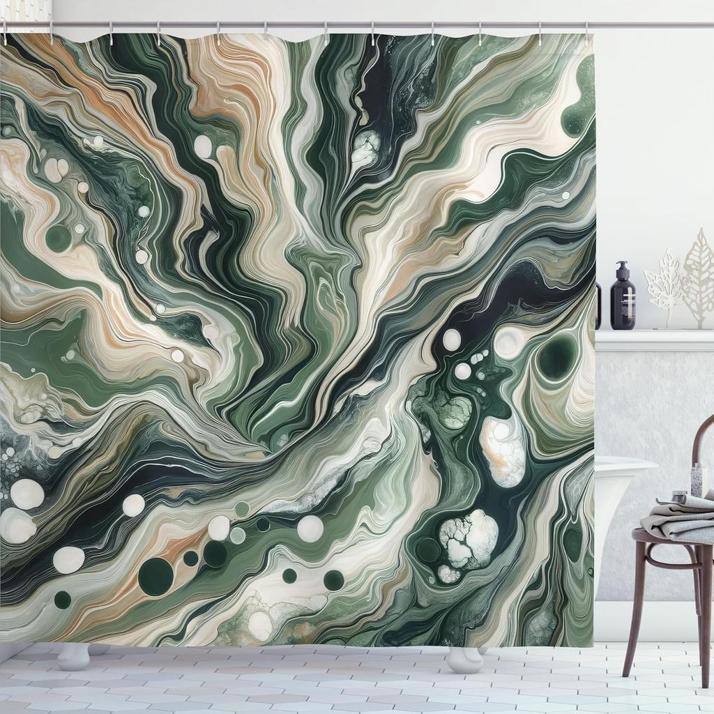 Olive Green Shower Curtain, Contemporary Abstract Swirling Lines and Roundy Details Marble Print, Cloth Fabric Bathroo