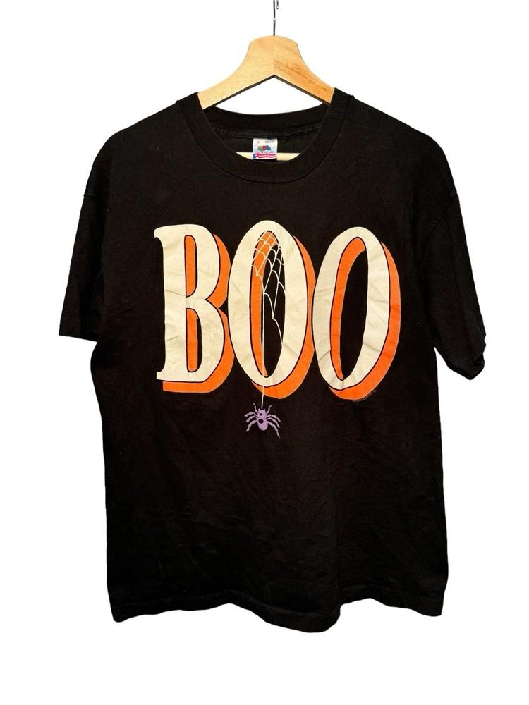 

Vintage Boo Spell Out Halloween T Shirt Made USA Single Stitch Spider Sz L 90s Unisex T-Shirt M