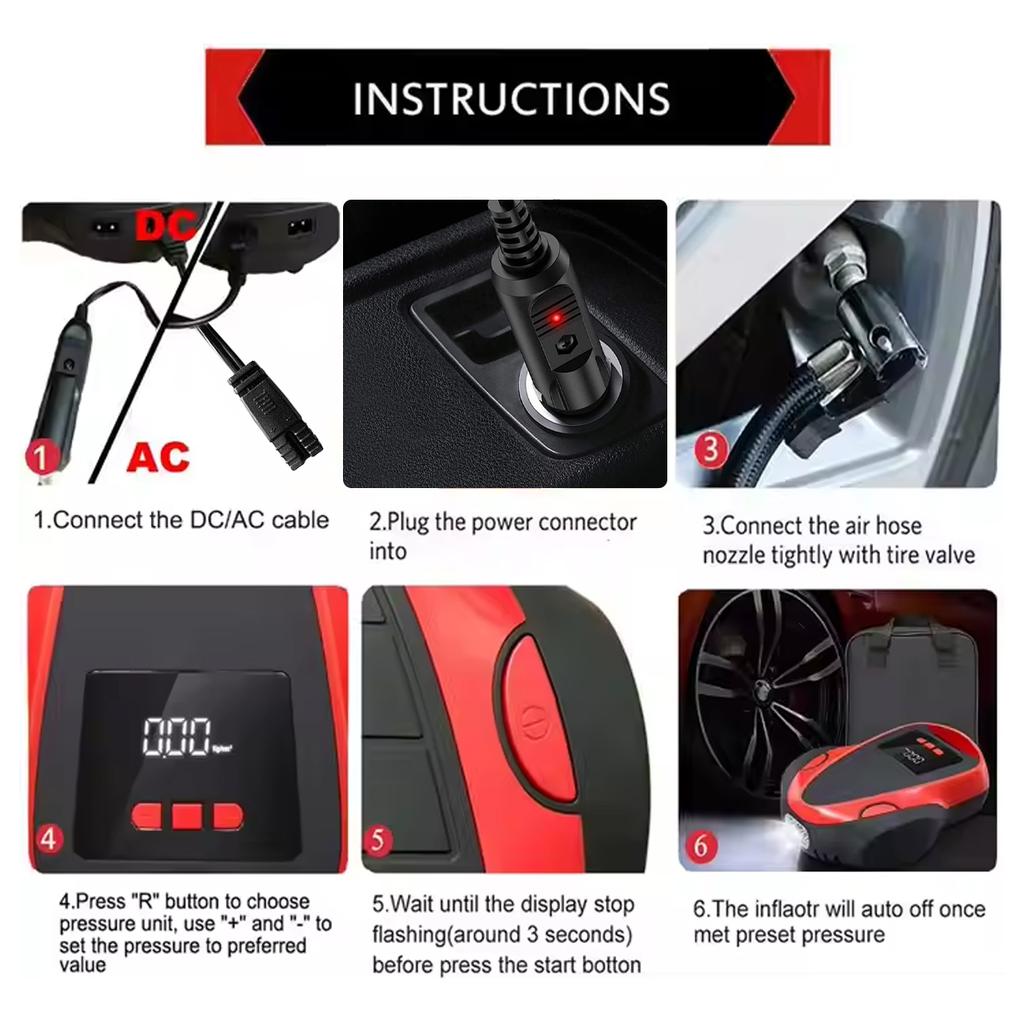 12V/110V Portable Car Tire Inflator Air Compressor Pump, Wired Electric Auto Air Pump with Digital Pressure Gauge for Bike Infl