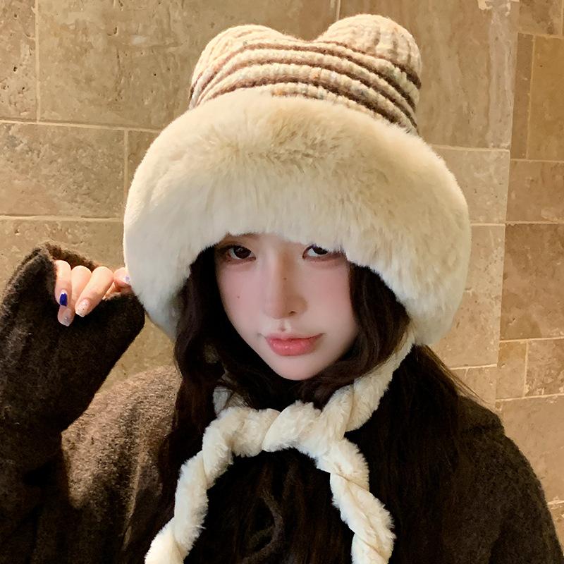 Korean Style Striped Plus Velvet Thickened Knitted Hat for Women Winter Warm Ear Protection Plush Hat New Braided Lei Feng Hat Trendy