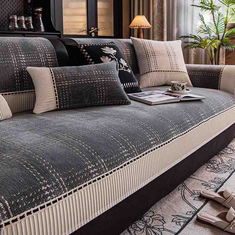 Piece Checkered Chenille Sofa Cushion Universal Anti Slip Cushion for All Seasons Sofa Cover Cloth Anti Cat Scratch Wear-resistant Home Decoration
