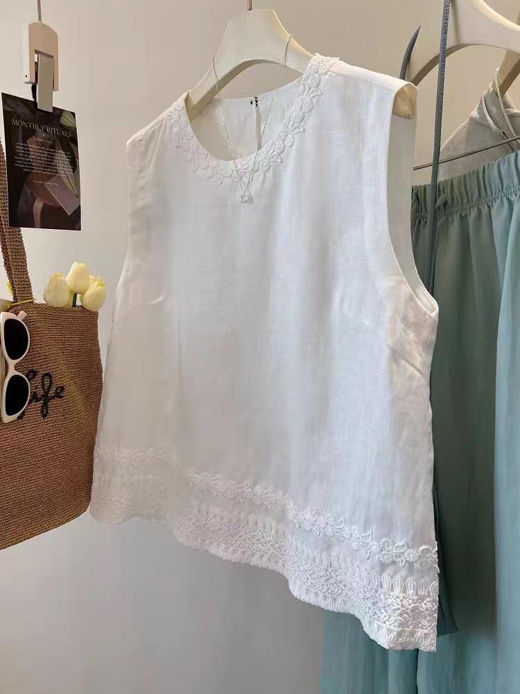 240 Jin Women's Sleeveless Lace Linen Vest – Heavy-duty, High-grade, Loose Round Neck Summer Top