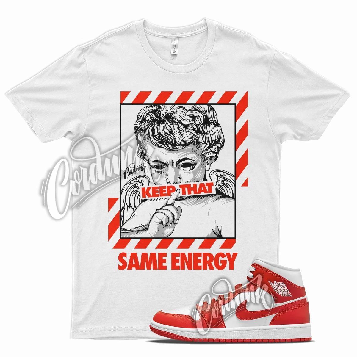 White ENERGY T Shirt for J1 1 Mid Habanero Red White Foamposite 90 S