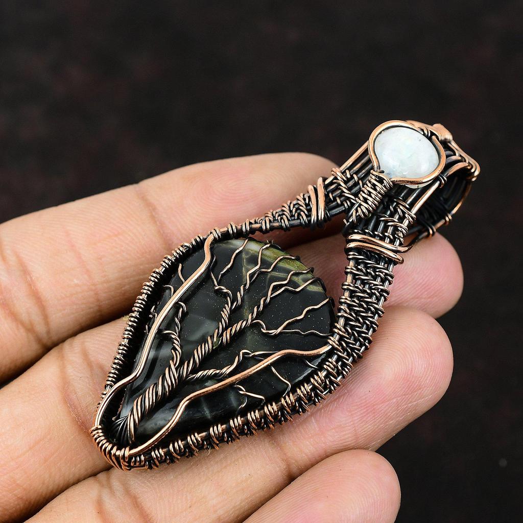 Lebensbaum Picasso Jaspis Kupferdraht umwickelter Anhänger Edelstein Kupferanhänger Handgefertigter Anhänger Regenbogenmondstein Schmuck Geschenk für Mutter