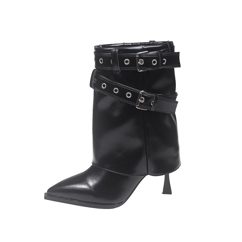 Belt Buckle Mid-leg Boots Autumn New Pointed Toe Sleeve Studded Metal Buckle Thin Folkel Boots