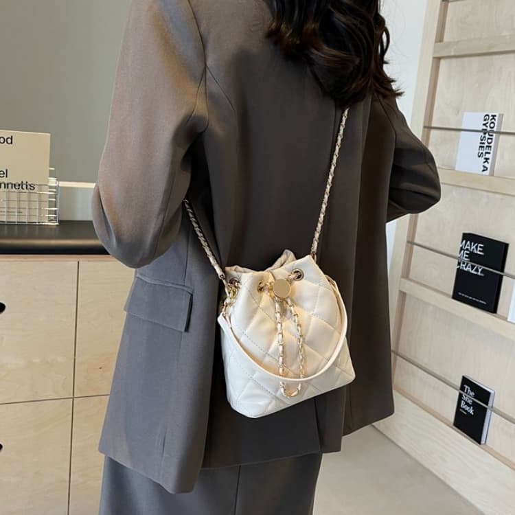 Rhombus Drawstring Through Leather Gold Chain Mini Bucket Bag