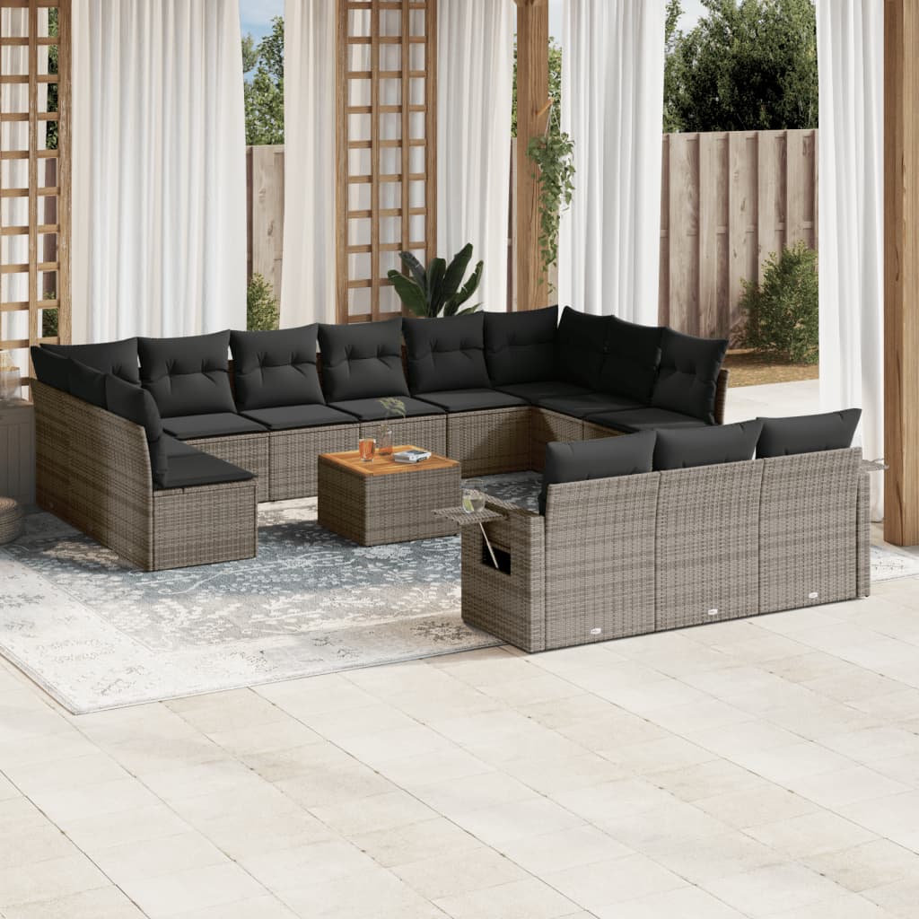 14 Piece Grey Garden Sofa Set with Cushions Poly Rattan
