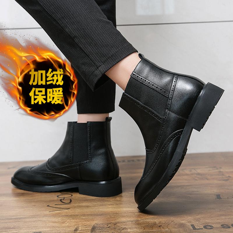 Martin Boots Leather Medium Top Pointed Fleece High Top Leather Shoes Chelsea Boots Black Hairstylist Short Boots