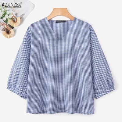 Damen Kariert Print Lässig V-Ausschnitt 3/4 Ärmel Locker Bluse