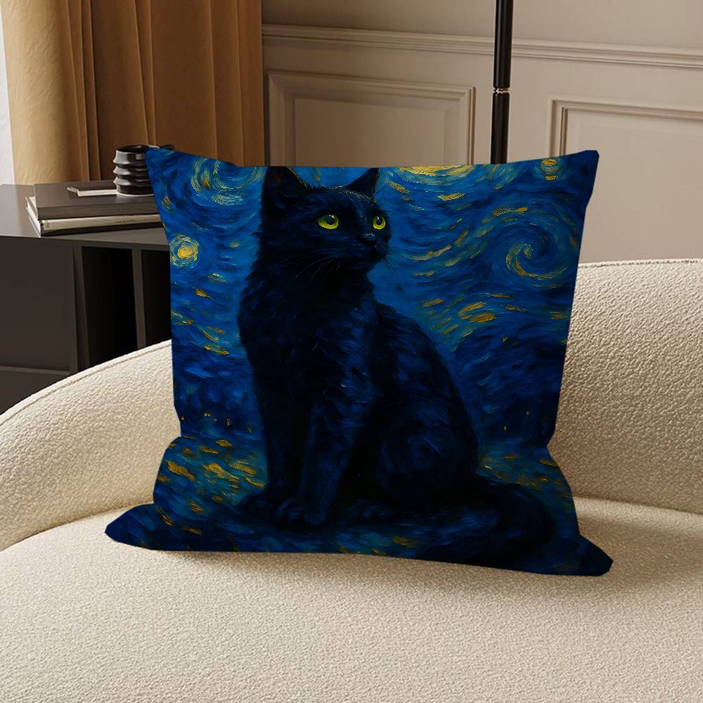 Black Cat Van Gogh Pillow Cushion Cover Pillowcase Living Room Sofa Home Decor Customized