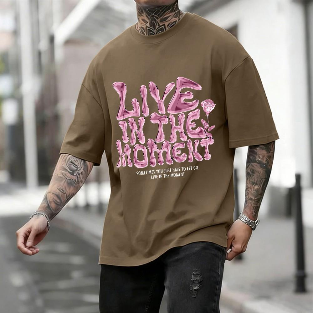 ?Live?In?The?Moment?Letter?Print Man Retro T-Shirt Cotton Tee Summer Clothing Loose Fashion Top Unisex All-Match Streetwear S разноцветный
