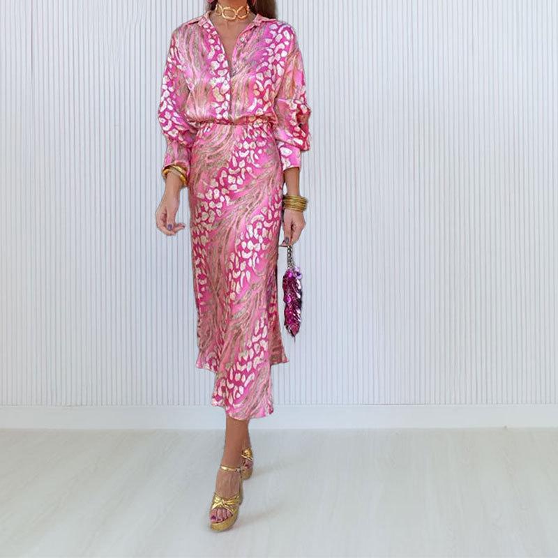 Spring 2026 European & American Women s Elegant V-neck Long Sleeve Printed Set 2XL розовый