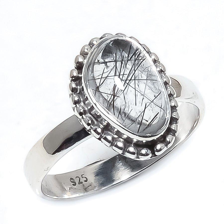 Natural Black Rutile Gemstone Handmade 925 Sterling Silver Jewelry Ring S.7 D9o84