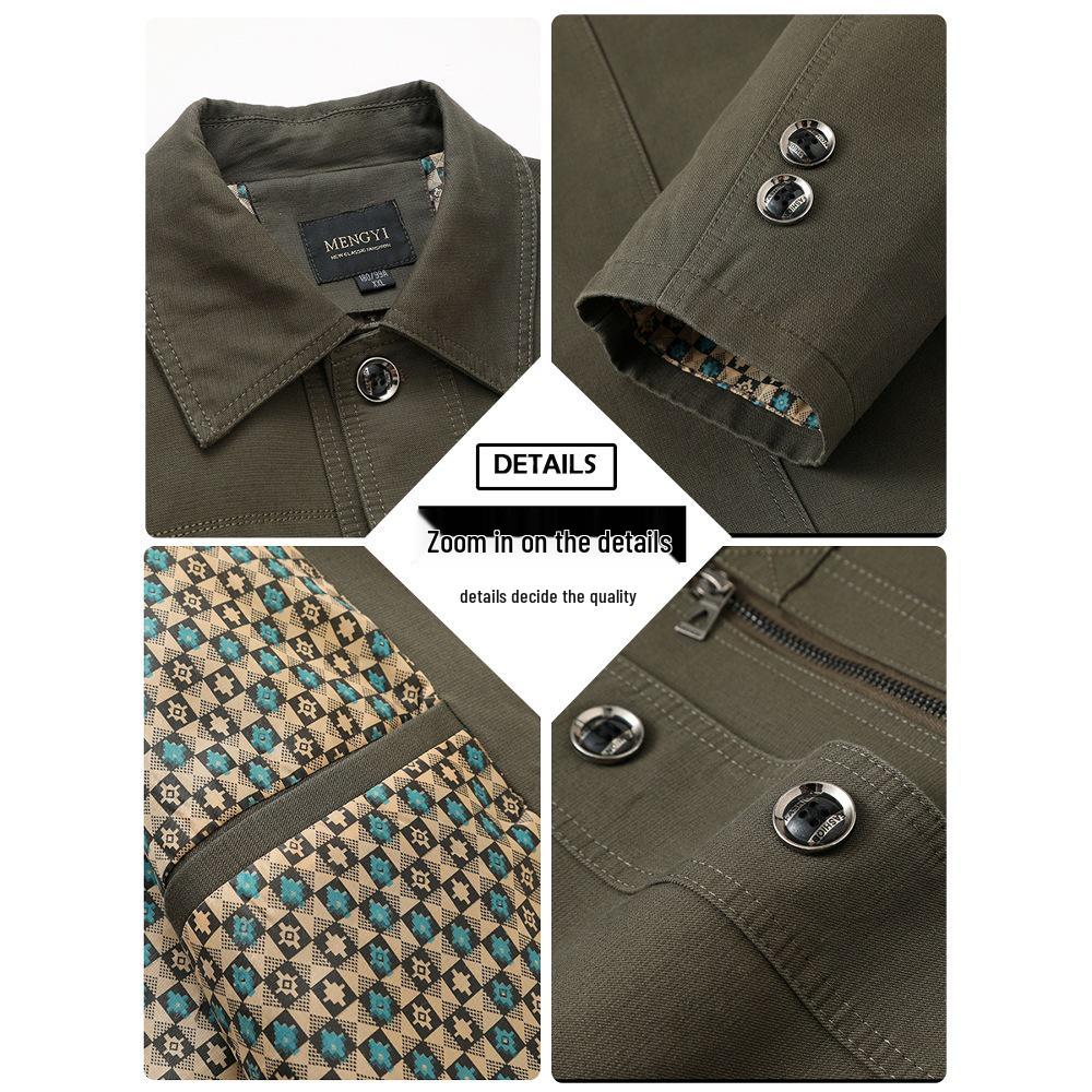 Men's Mid-length Cotton Jacket: Spring/Autumn, Lapel, Button-up, Dad Style, Plus Size for Middle-aged/Elderly