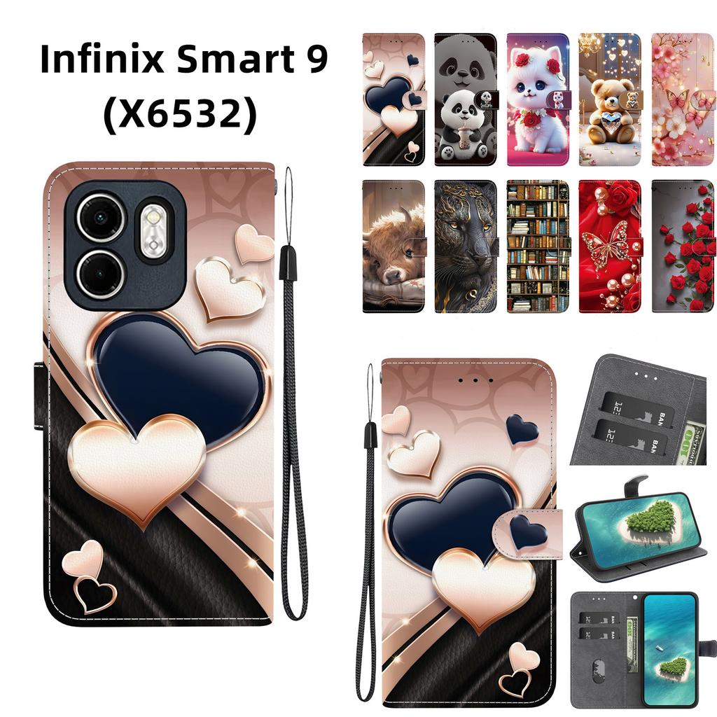 Håndlaget PU-lær flip-deksel til Infinix Smart 9 (X6532) Sklisikkert Støtsikkert Deksel med Håndleddsstropp & Hjerte/Rose Katte Design