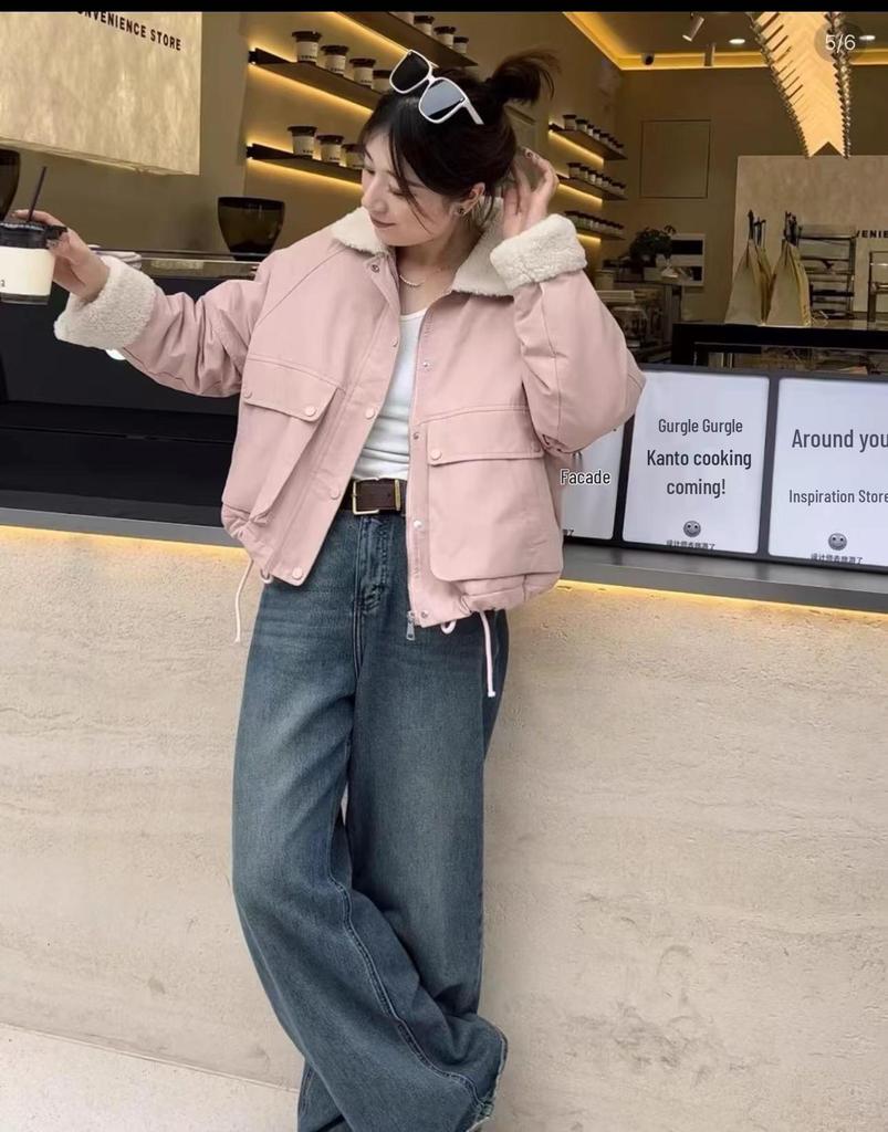 Women's 2024 Korean Style Lambswool Parka Jacket - Loose, Casual, Thickened Winter Coat with Turn-Down Collar