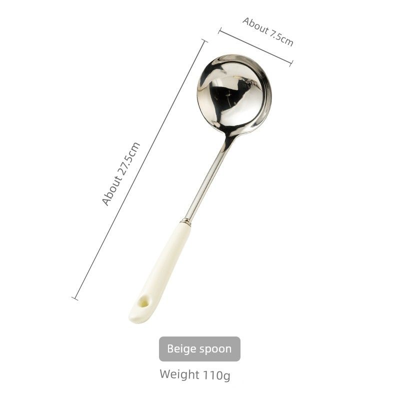 Silver Stainless Steel Spoon 304, Soup Spoon, Strainer Spoon, Korean-Style Hot Pot Long-Handled Large Soup Ladle, Household Hot Pot Spoon Silver Spoon-Milk White