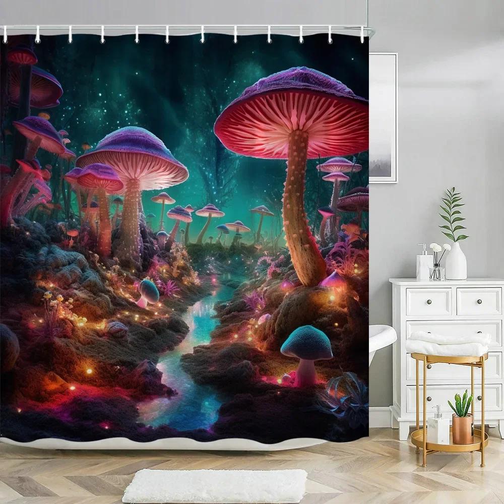 Fantasy Mushroom Shower Curtains Fairy Forest Tree Gothic Panel Jungle Green Zen River Bathroom Decor Shower Curtain With Hooks