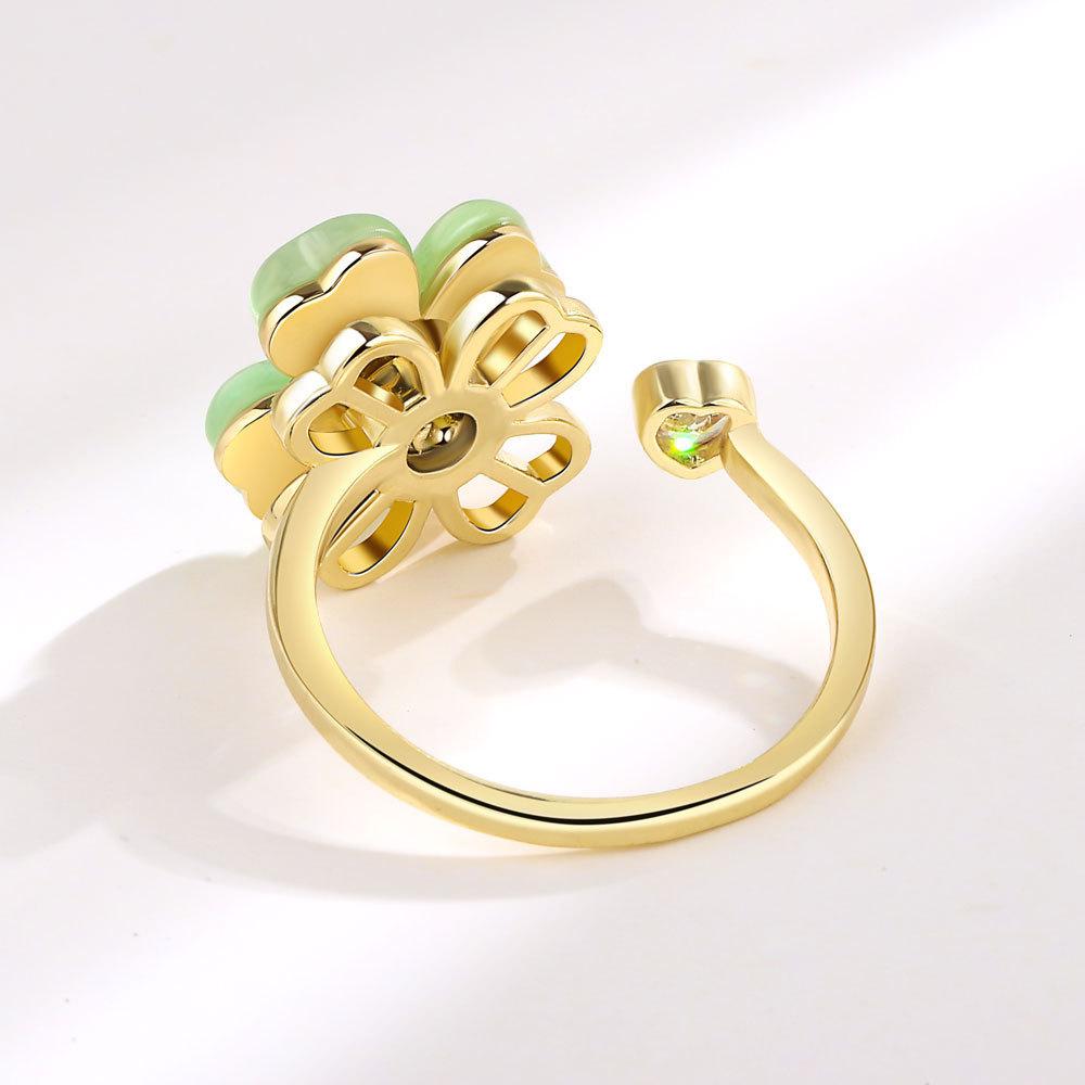 Green Cat Eye Clover Adjustable Ring With Geometric Design For Womens Fashion Accessories