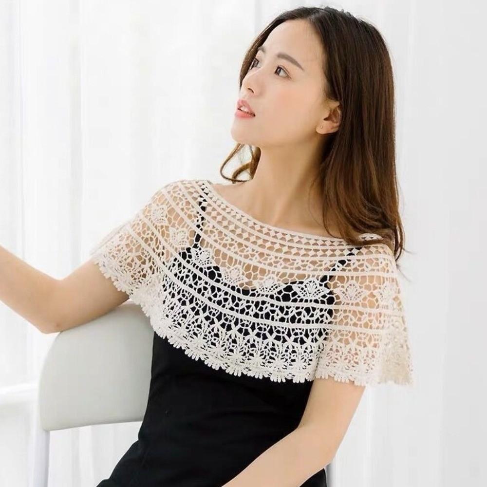 Hollow Out Lace Shawl Poncho Elegant Lace Neckline Shirt Cover Lace Cover Up Tops Daily