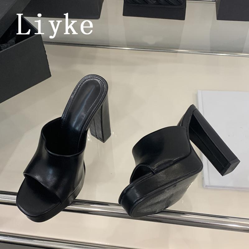 Fashion Liyke Sexy Thick High Heels Platform Slippers Black White Cozy PU Leather Open Toe 12CM Women Shoes Sandals Pumps Zapatos Mujer