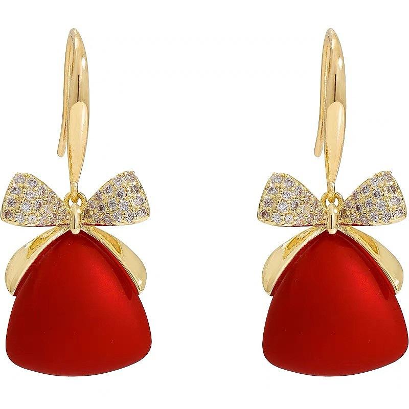 Chinese style red festive lucky bag bow earrings women's niche light luxury fashion earrings high-end earrings