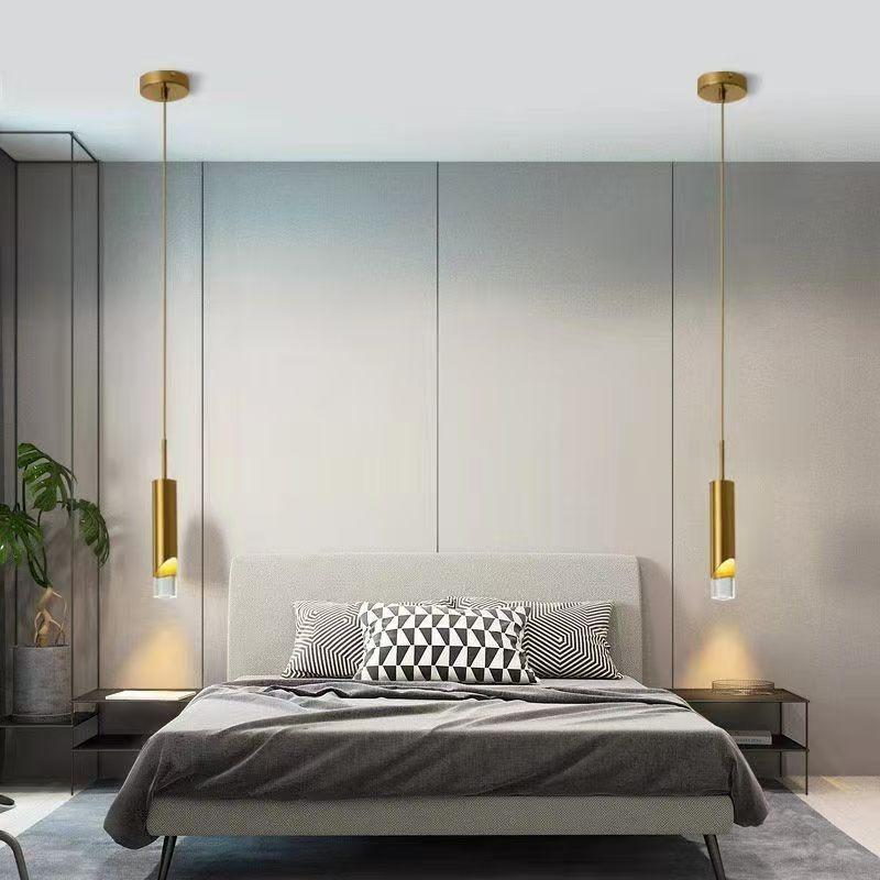 Bedroom Bedside Pendant Light, Modern Minimalist Cylindrical Minimalist Electroplated Long Line Pendant Light