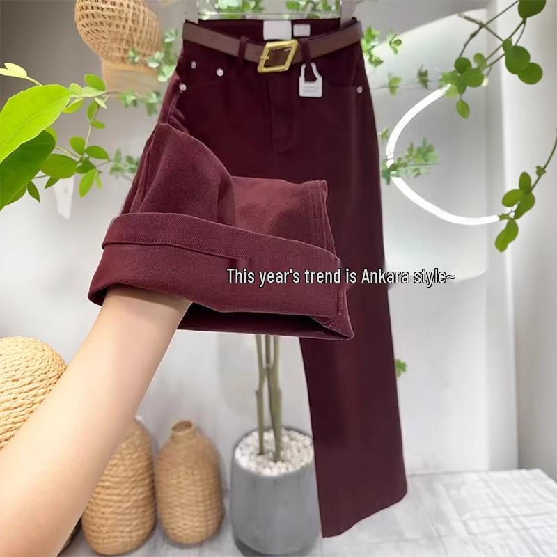 

2024 Джинсы больших размеров красного цвета с высокой талией и широкими штанинами для женщин - Осенне-зимние, стройнящие, прямого кроя 5XL